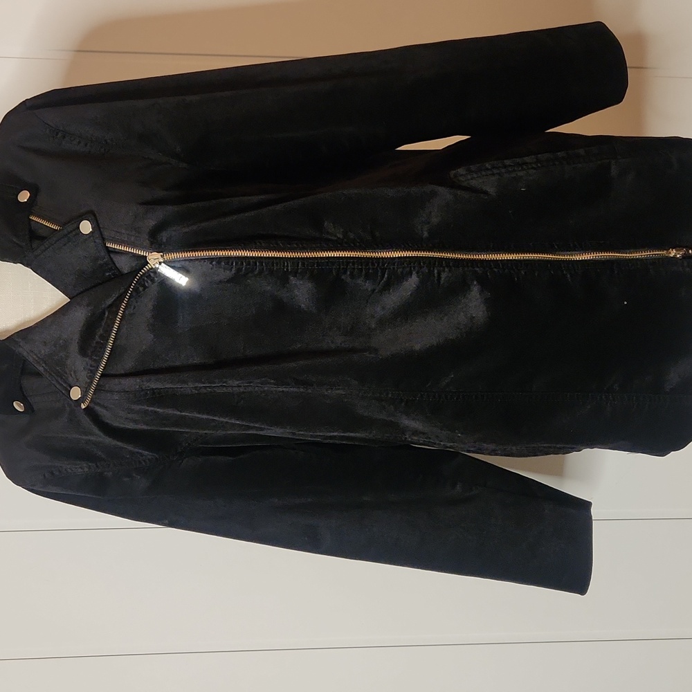 Chico's black satin asymmetrical  Steampunk lined coat size xl